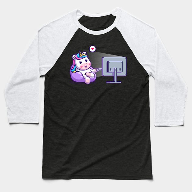 Cute unicorn watching cartoon on tv Baseball T-Shirt by Thumthumlam